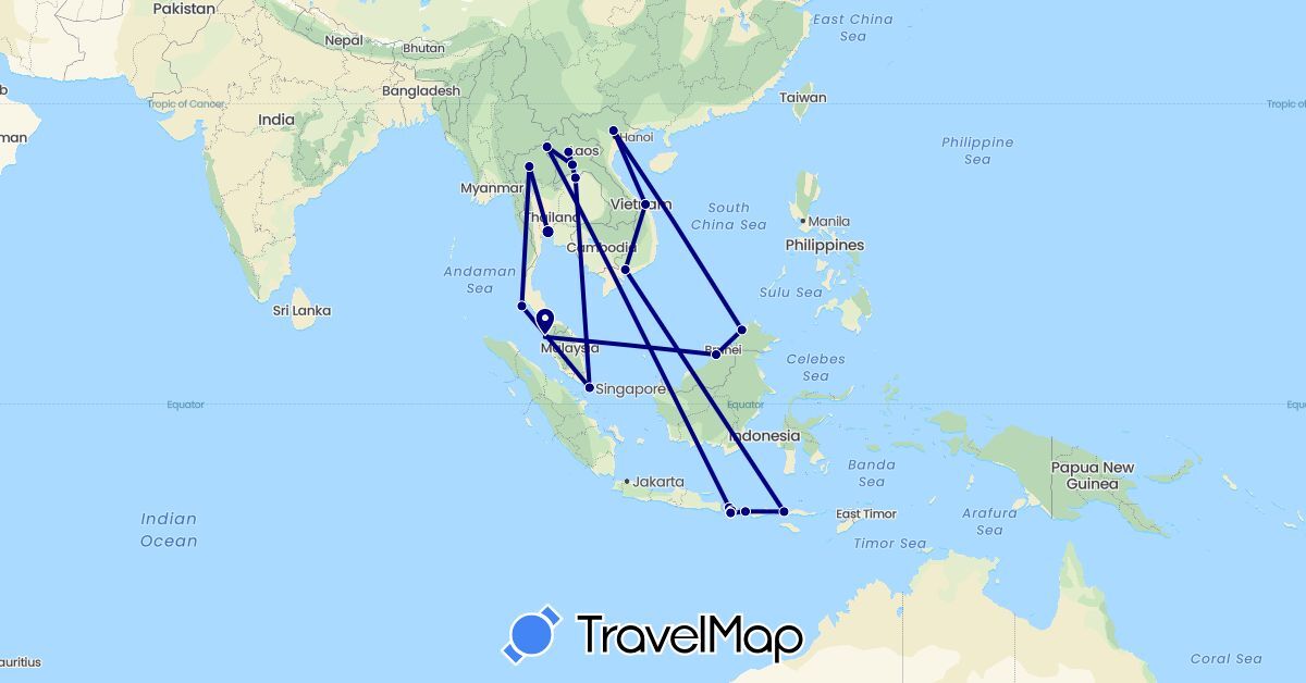 TravelMap itinerary: driving in Indonesia, Laos, Malaysia, Singapore, Thailand, Vietnam (Asia)