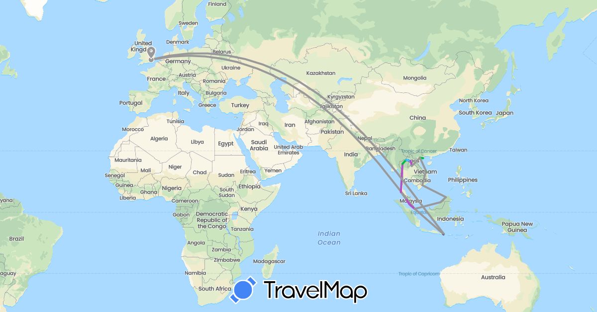 TravelMap itinerary: driving, bus, plane, train, boat in United Kingdom, Indonesia, Laos, Malaysia, Singapore, Thailand, Vietnam (Asia, Europe)